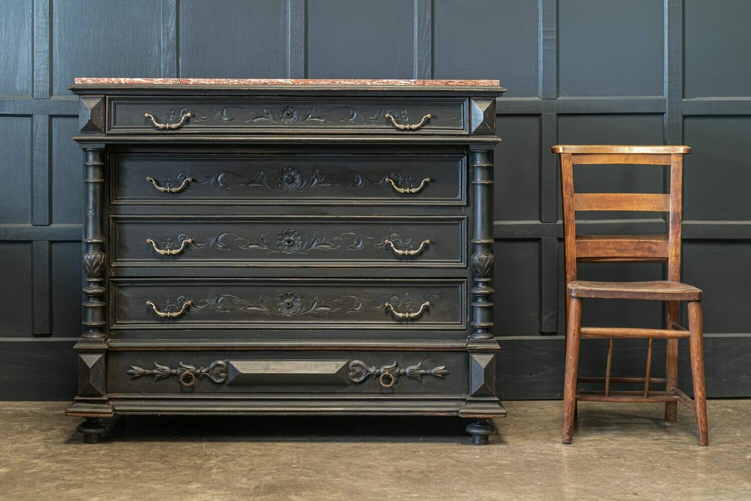 19thC French Ebonised Walnut & Marble Commode