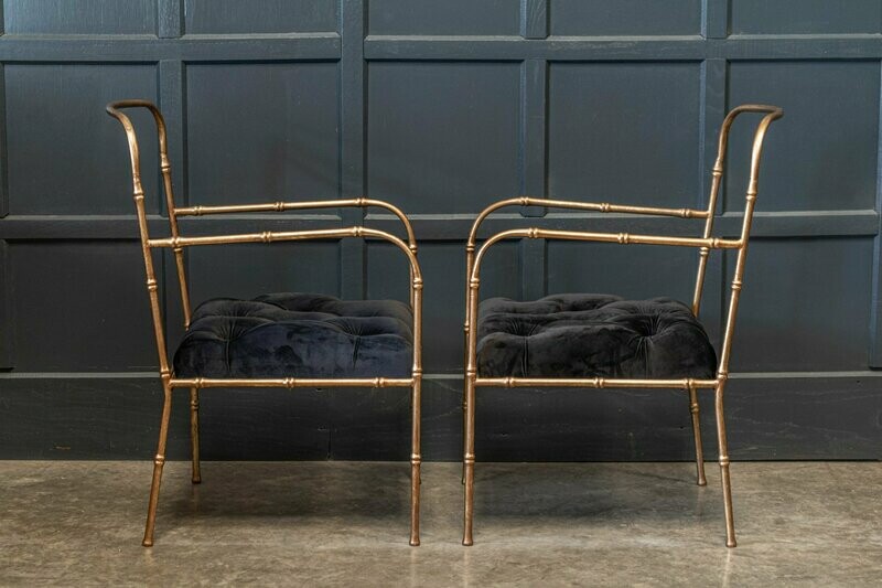 Pair Jacques Adnet Style Faux Bamboo Gilt Iron Armchairs