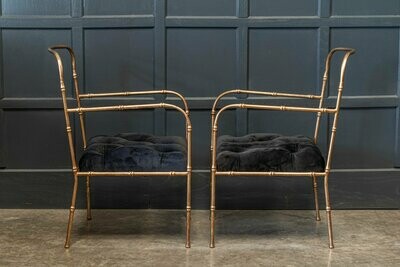Pair Jacques Adnet Style Faux Bamboo Gilt Iron Armchairs