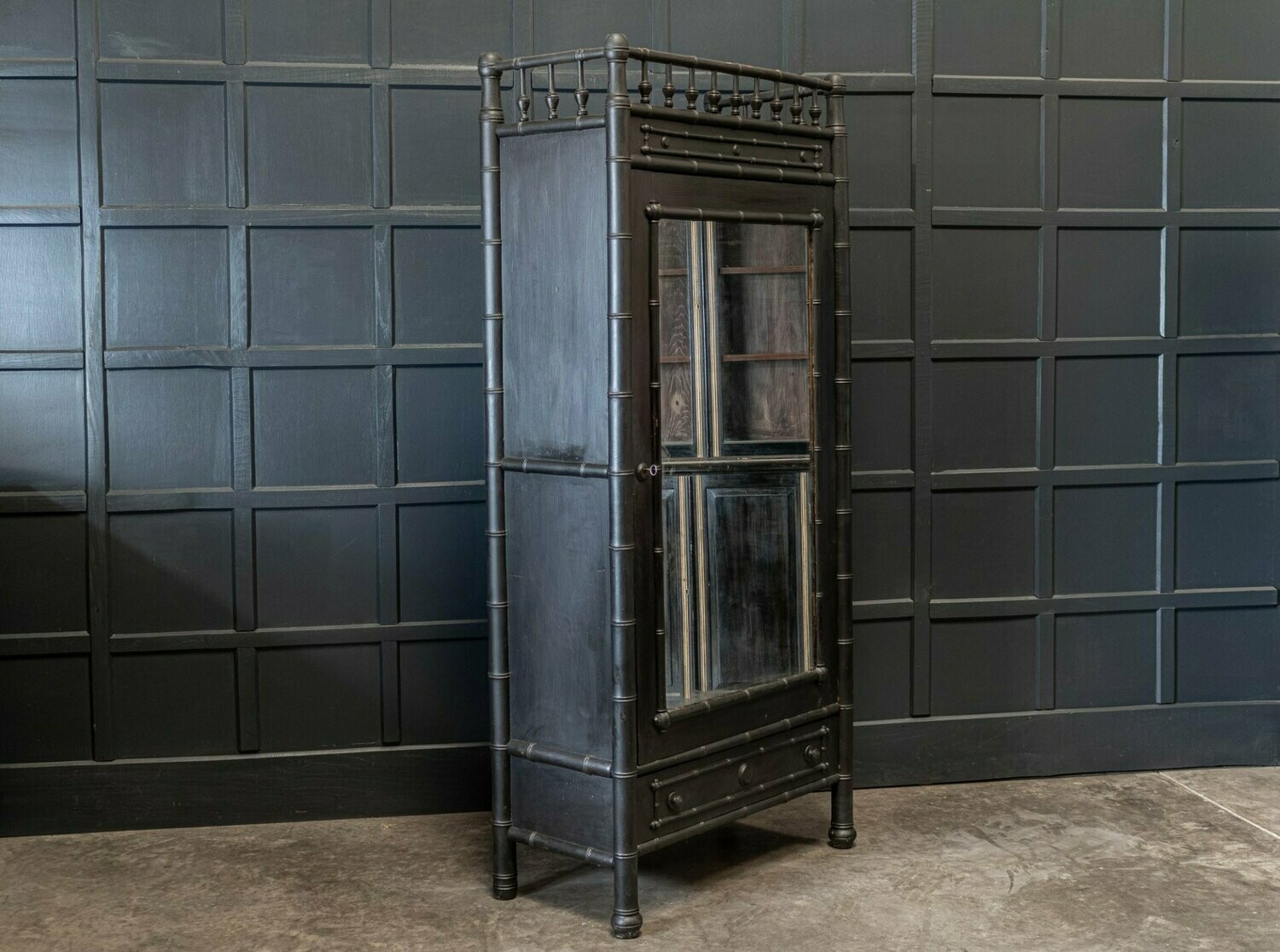 19thC French Faux bamboo Ebonised Mirrored Armoire