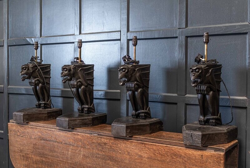 19thC Ebonised Carved Winged Serpent Gargoyle Table Lamps