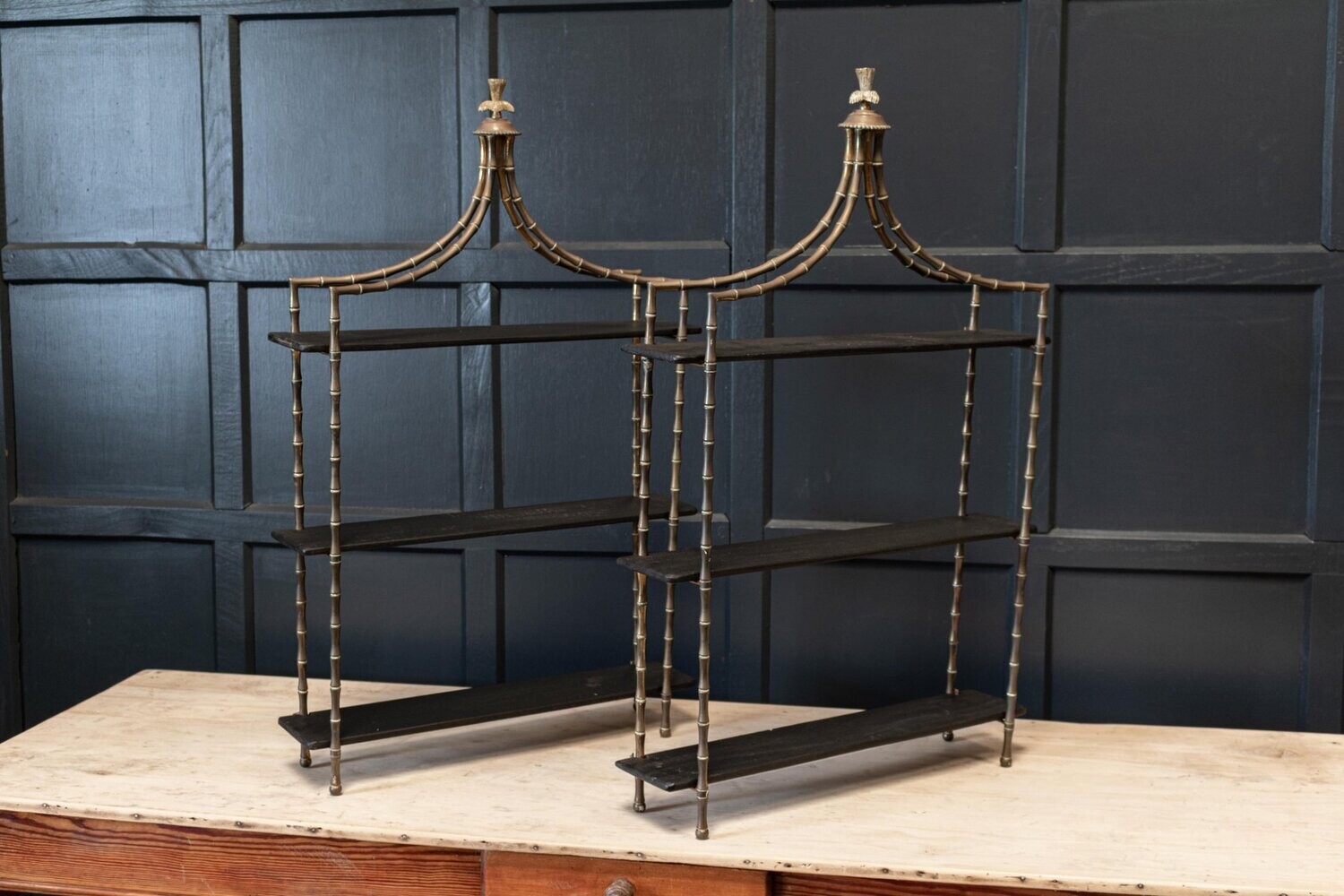 Pair French Wall Mounted Faux Bamboo Brass Etageres