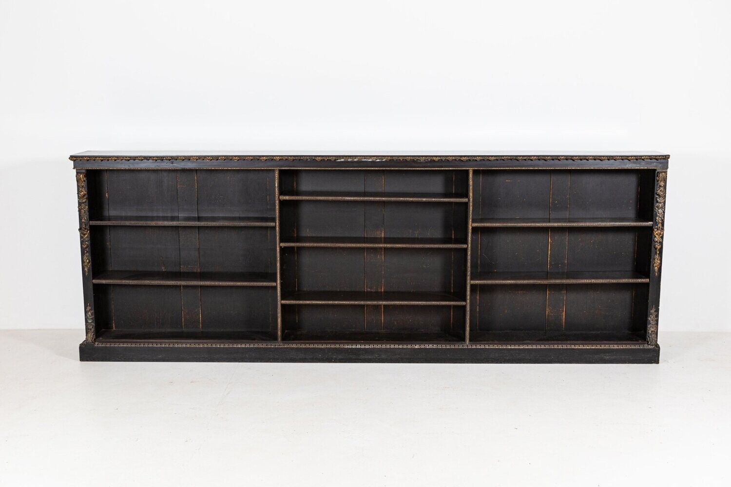 19thC Large English Ebonised Gilt-Bronze Open Bookcase