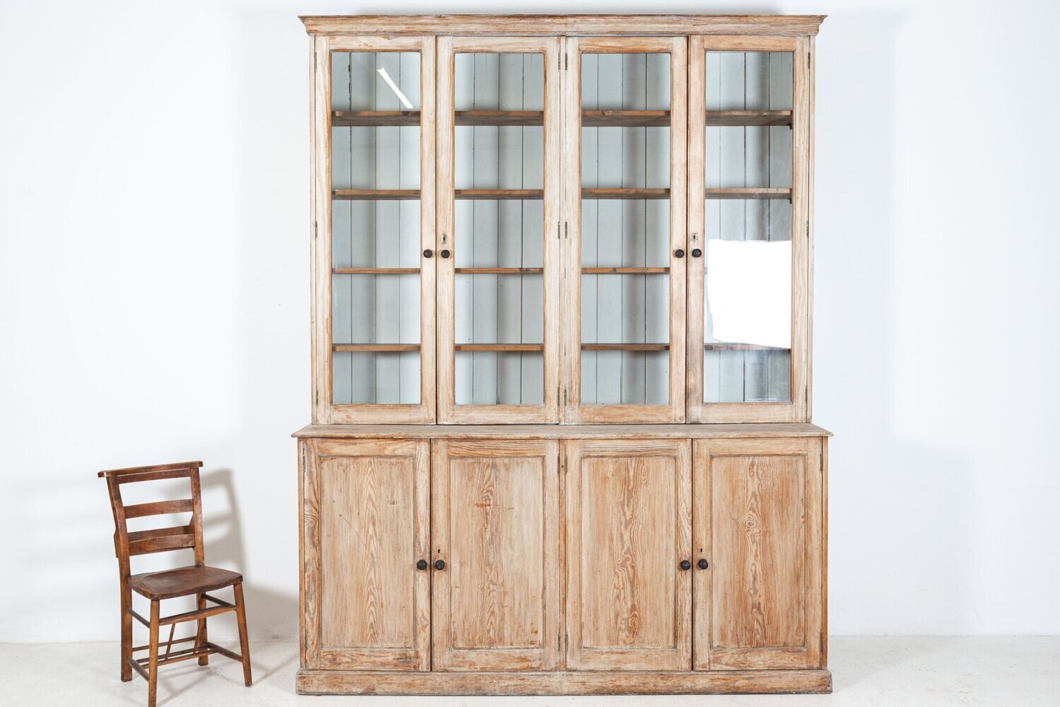 19thC Large English Bleached Pine Bookcase /Cabinet/Vitrine/Dresser