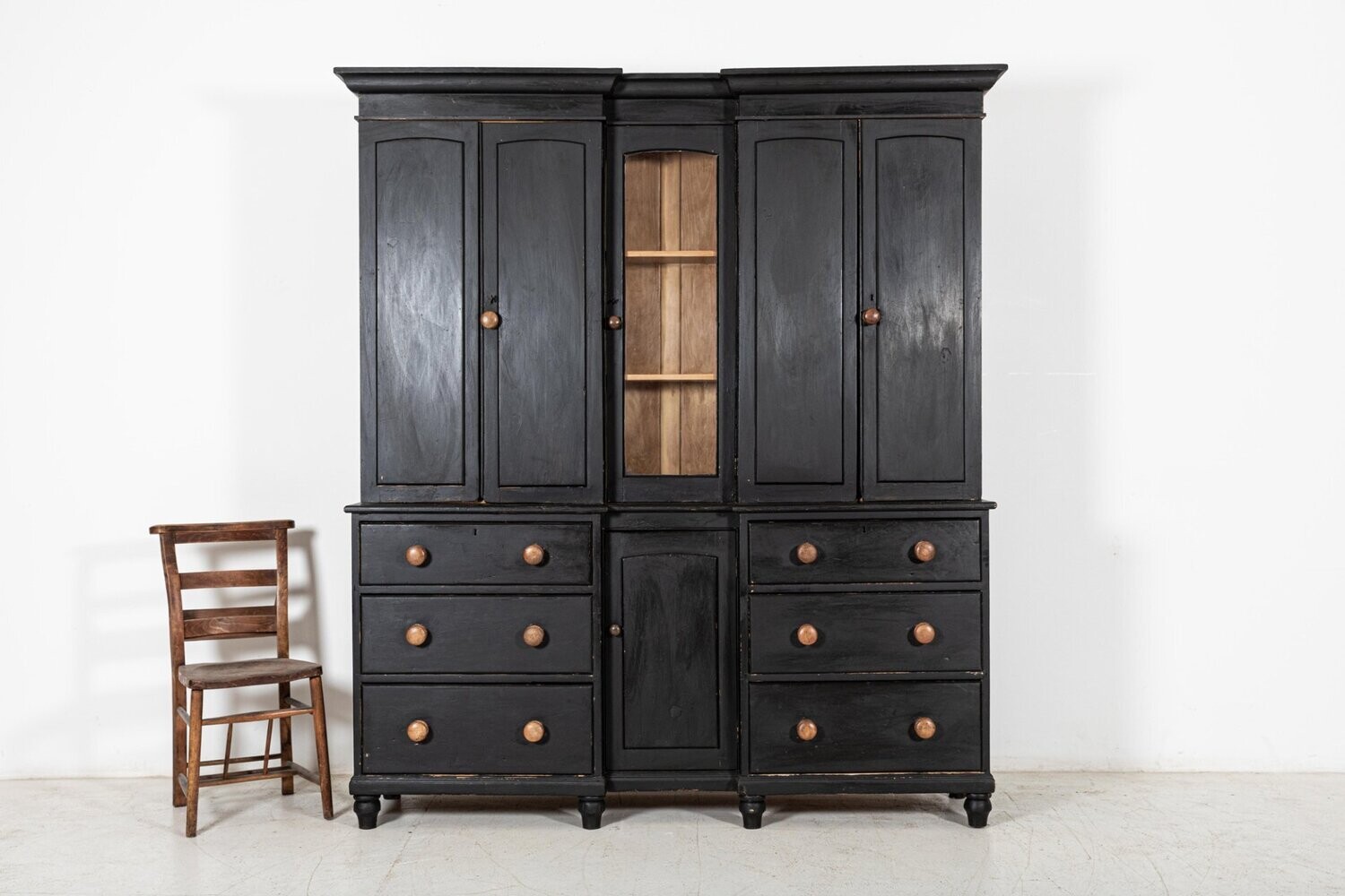 19thC English Inverted Ebonised Breakfront Housekeepers Cupboard