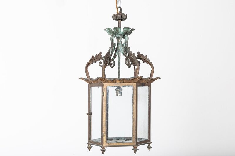 English Georgian Hexagonal Glazed Verdigris Lantern 