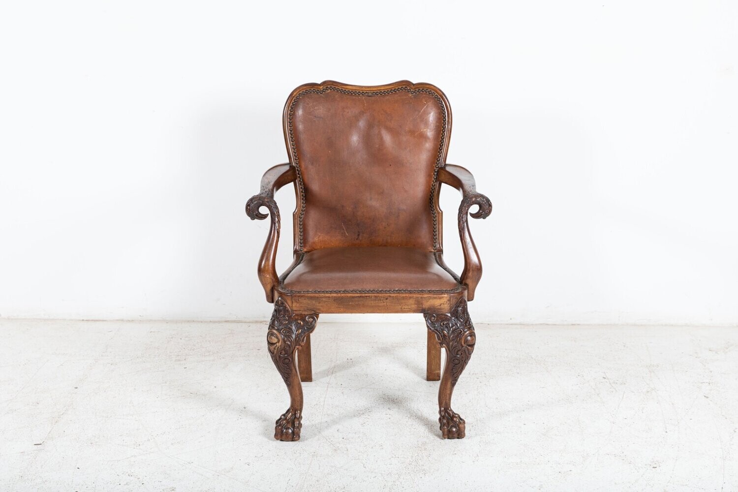 19thC English Carved Walnut Griffin Library Armchair