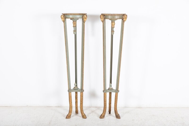 Pair English Regency Rams Head Parcel-Gilt Carved Torcheres