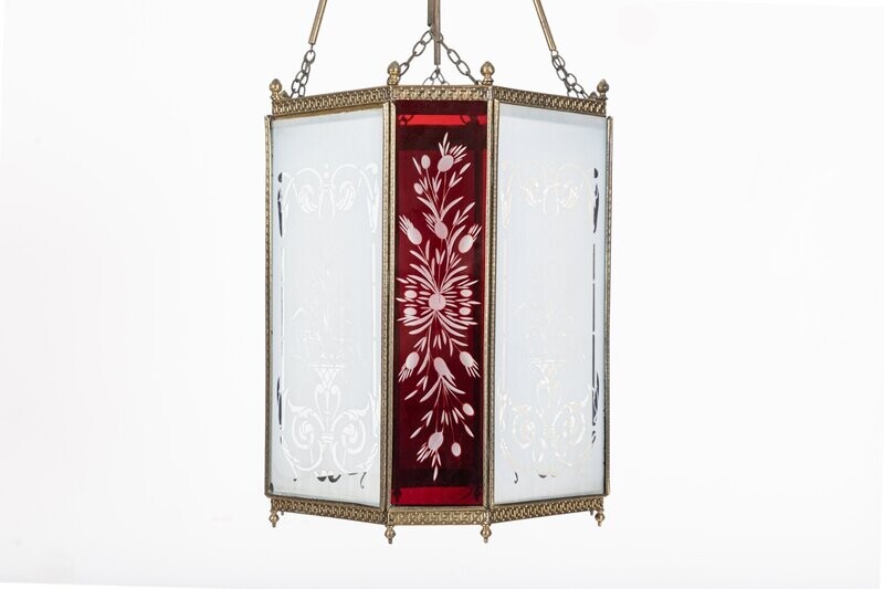 19thC English Oversized Etched Glass Lantern