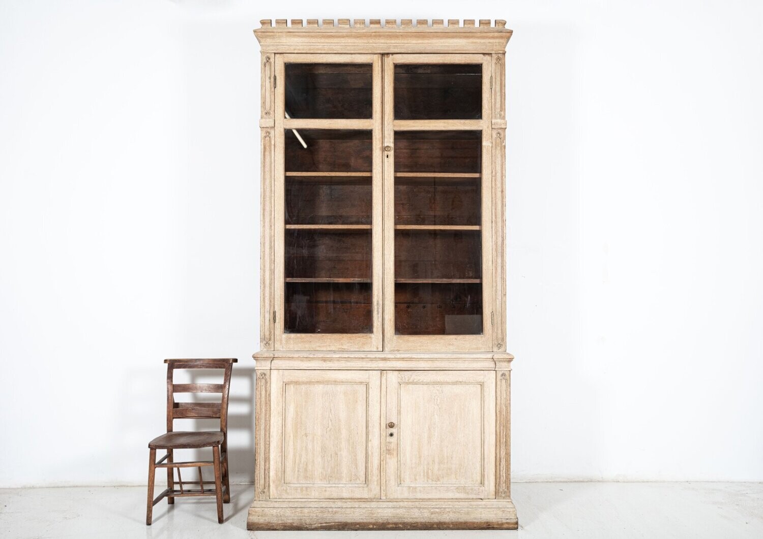 19thC English Bleached Oak Glazed Housekeepers Cabinet
