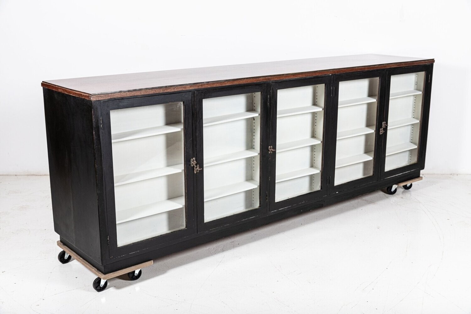 Monumental 19thC English Ebonised Mahogany Glazed Apothecary Shop Counter