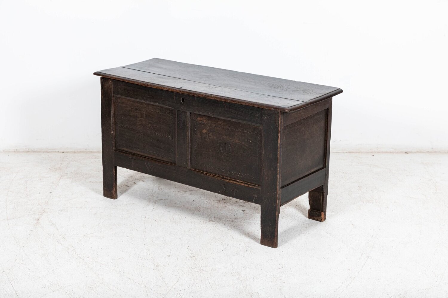 18thC English Primitive Oak Carved Panelled Coffer
