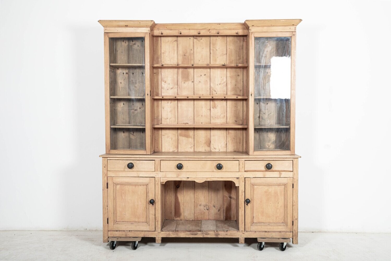 Large 19thC English Glazed Inverted Breakfront Pine Dresser