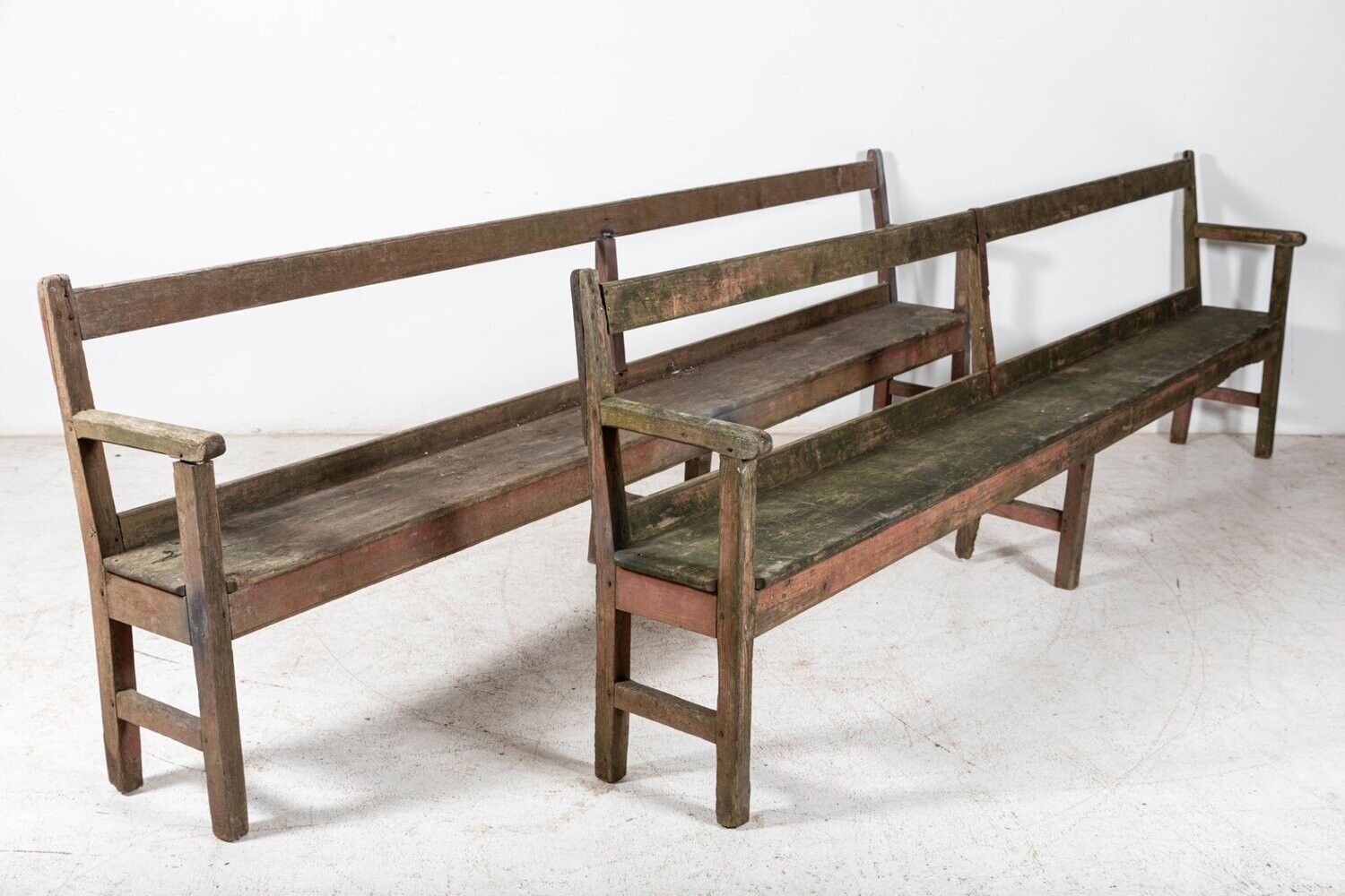 Pair 19thC English Rustic Painted Chapel Benches