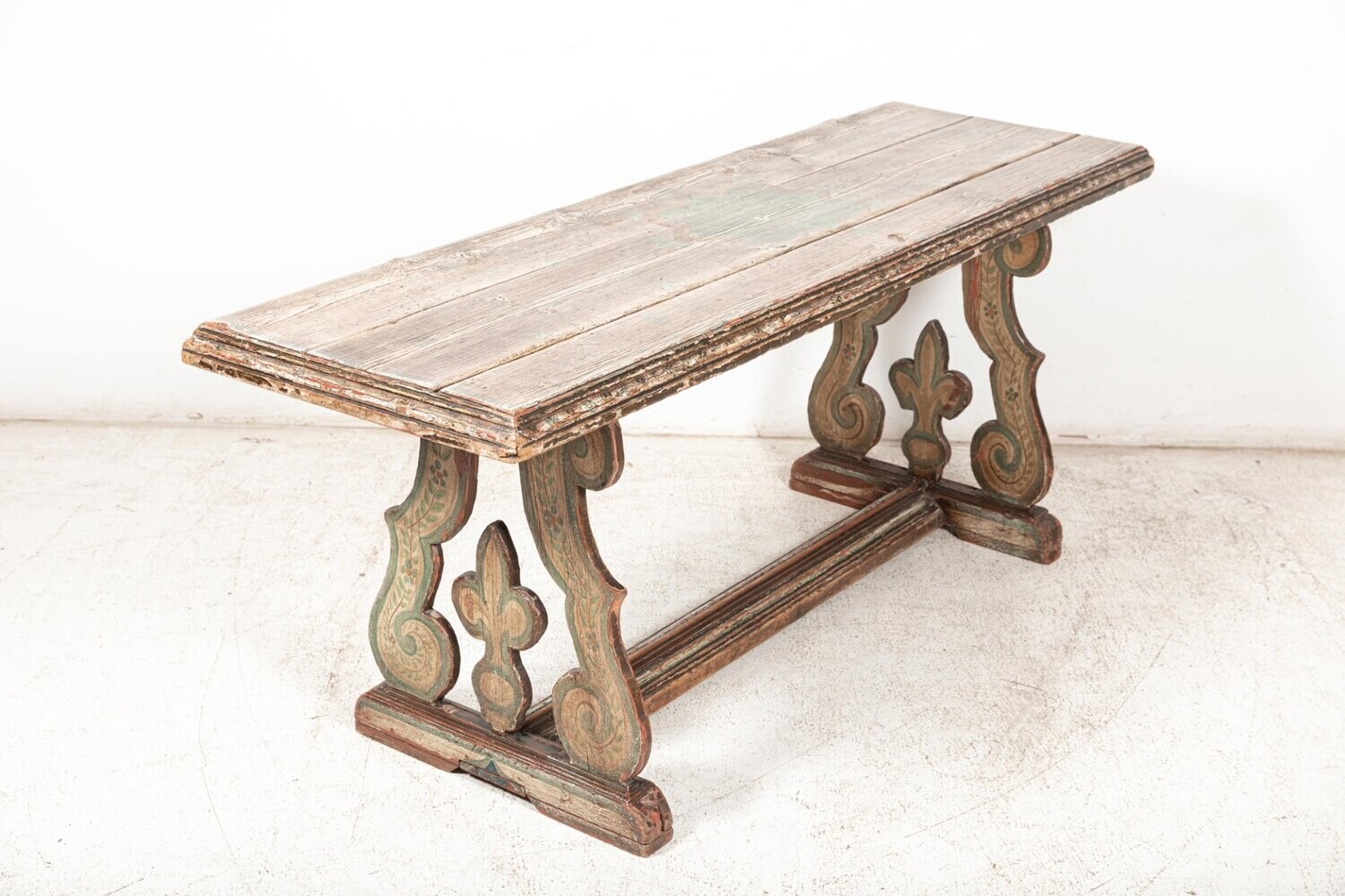 19thC French Polychrome Painted Lyre Trestle Table