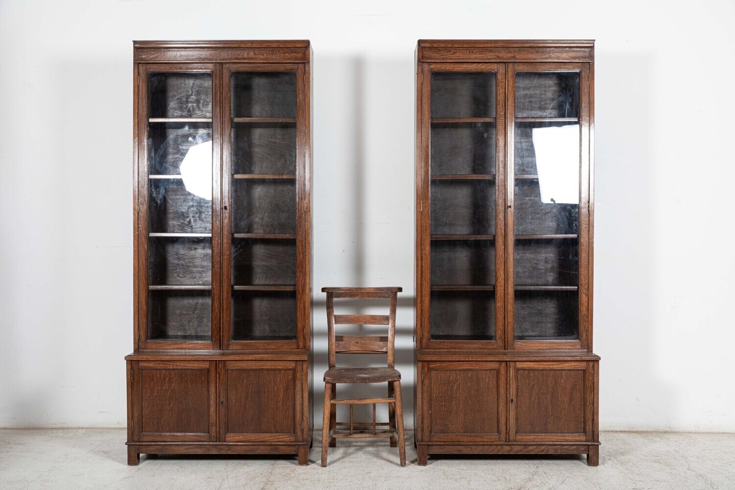Pair Slim English Oak Glazed Bookcases