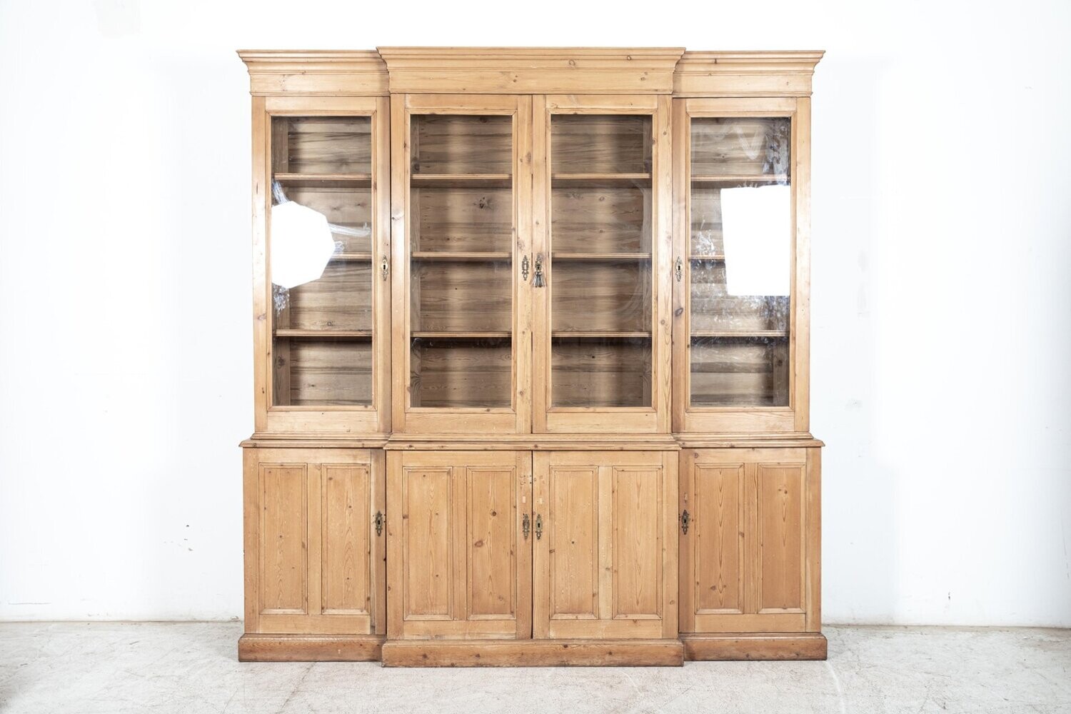 Large English Pine Glazed Breakfront Bookcase