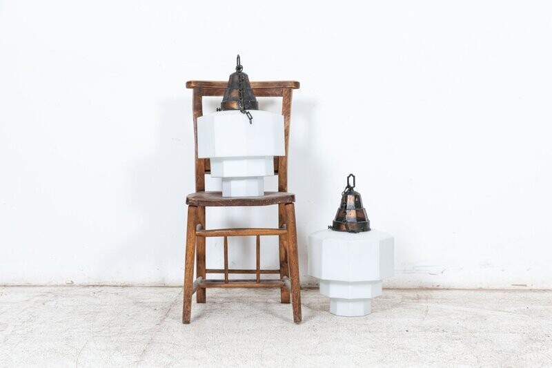 Monumental Pair of Opaline Pendant Lights