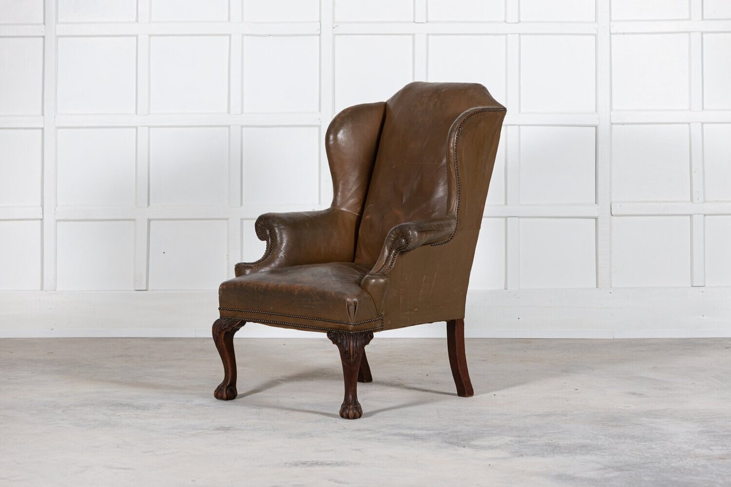 Large 19thC English Olive Leather & Mahogany Wingback Armchair