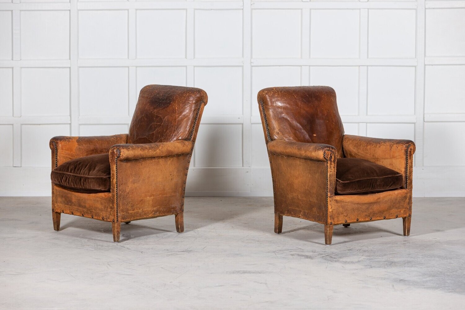Pair English Worn Leather Beech Club Chairs 