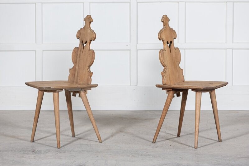 19thC Pair Swiss Elm Hall Chairs