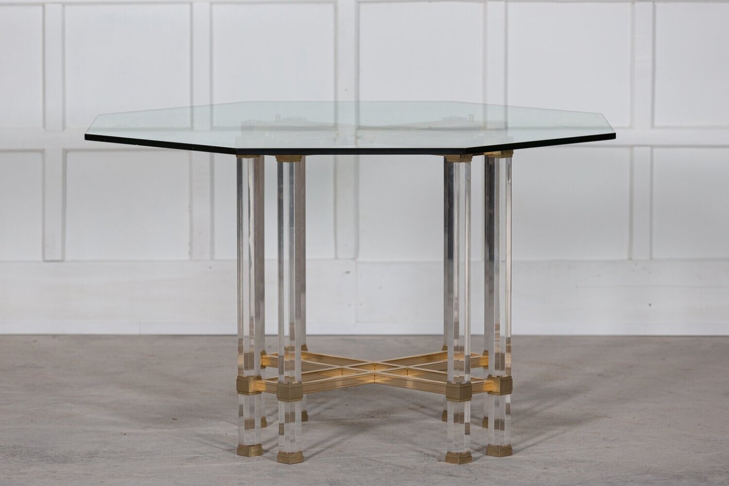 French Hollywood Regency Lucite, Glass & Brass Dining Table