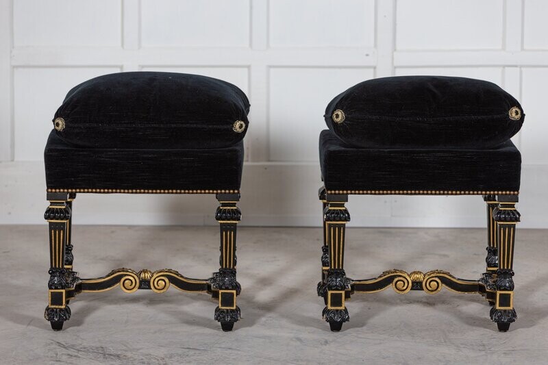 Pair French 19thC Ebonised & Gilt Velvet Stools