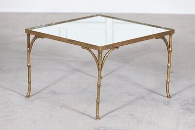 French Mid Century Gilt Bronze Faux Bamboo Mirror Top Side Table