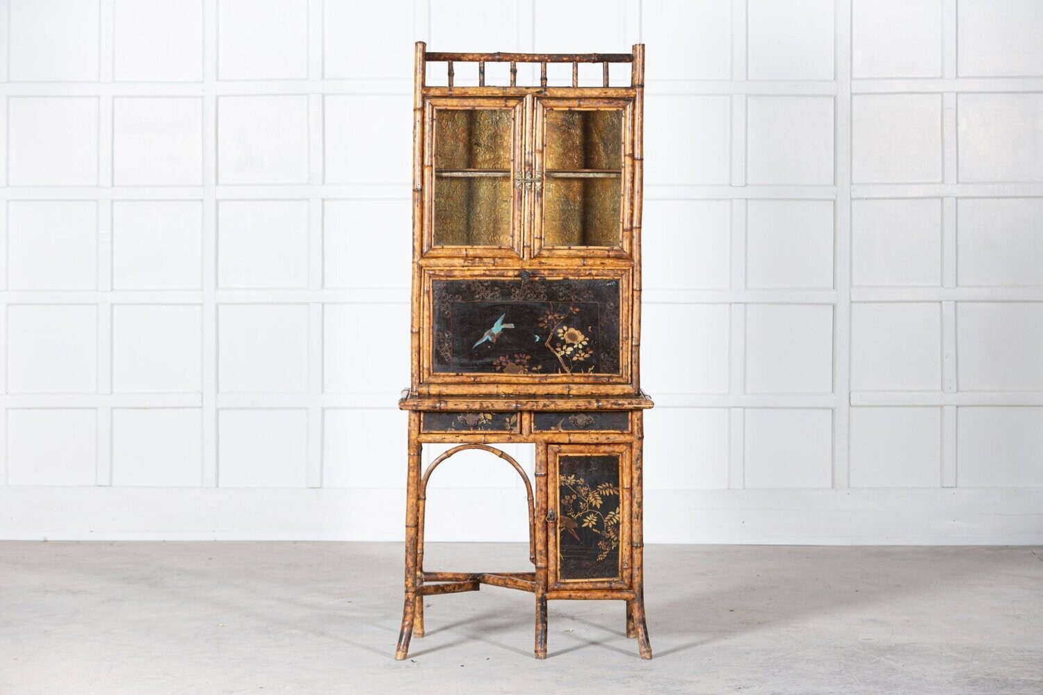 English 19thC Chinoiserie Lacquer Glazed Bamboo Secretaire