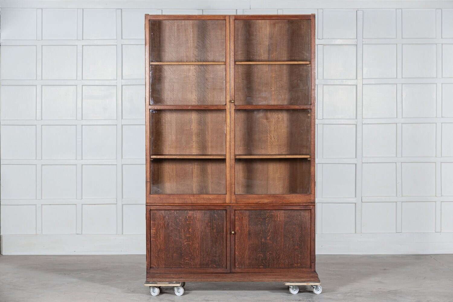 Large English Oak Glazed Bookcase Cabinet
