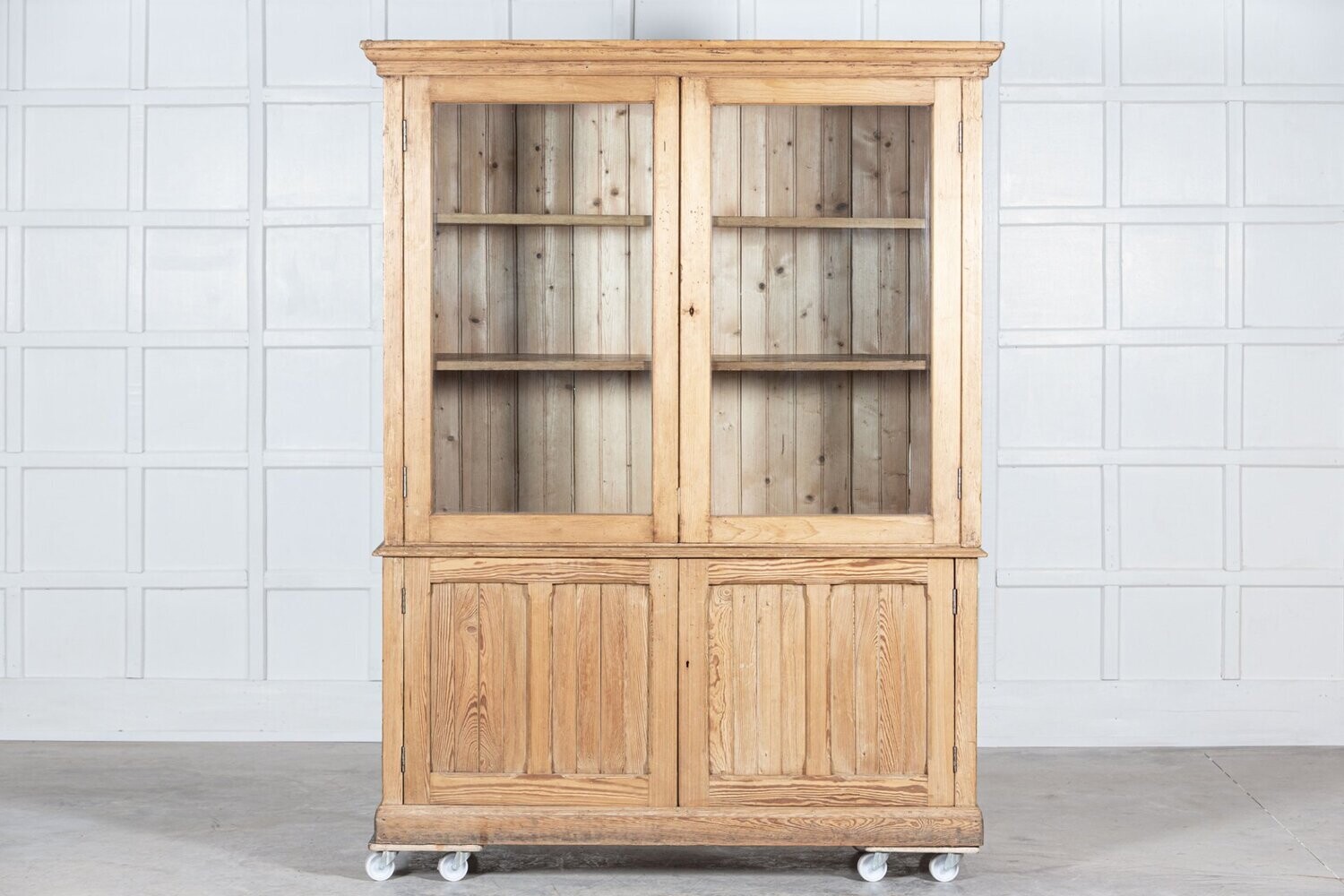 Large 19thC English Pine Glazed Display Cabinet / Bookcase