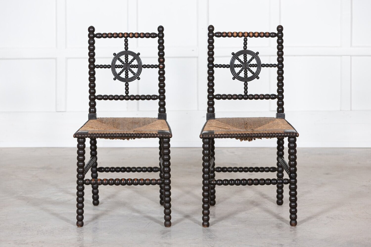 Pair Ebonised English Oak 19thC Bobbin Rush Chairs