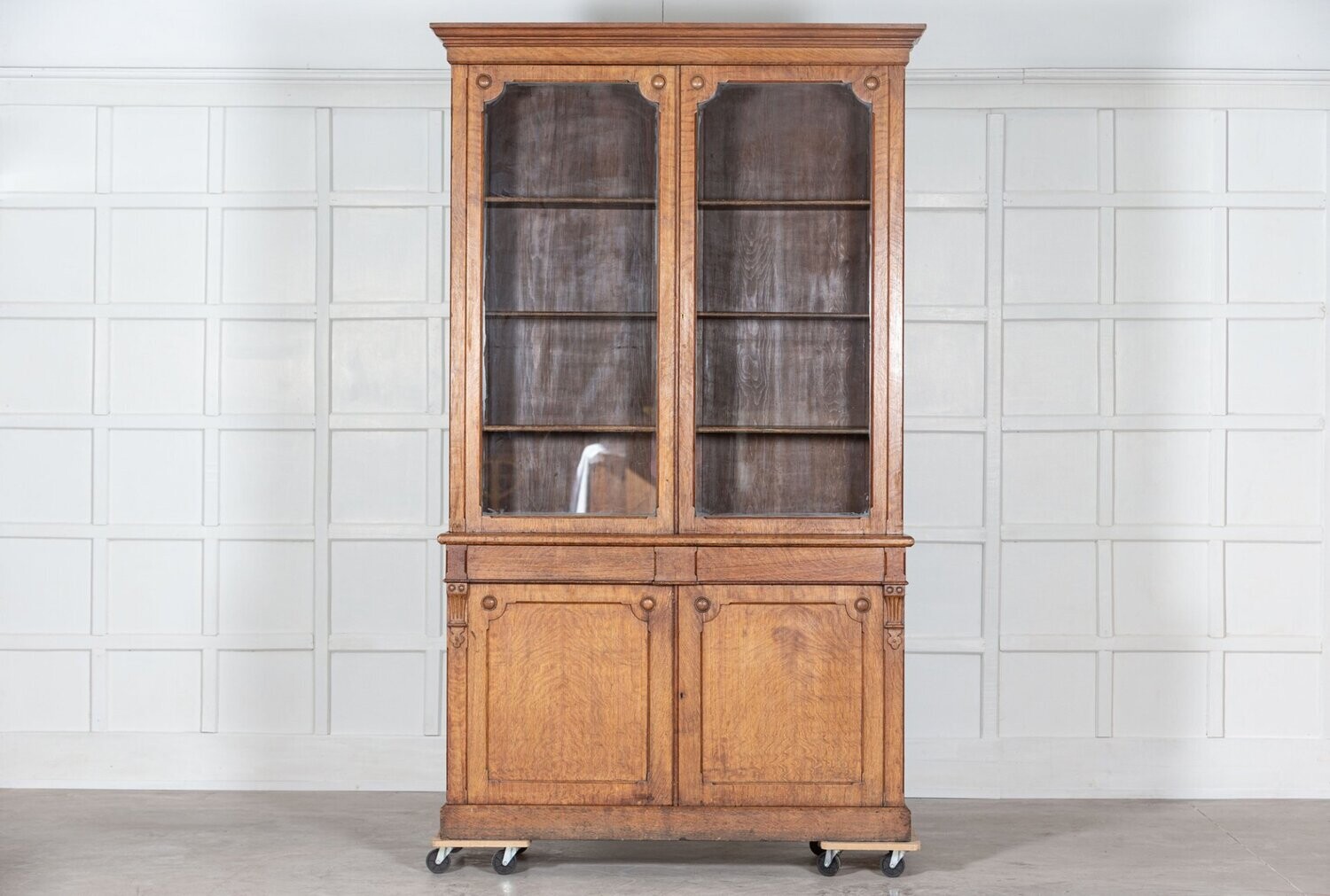 19thC English Tall Oak Glazed Bookcase Cabinet