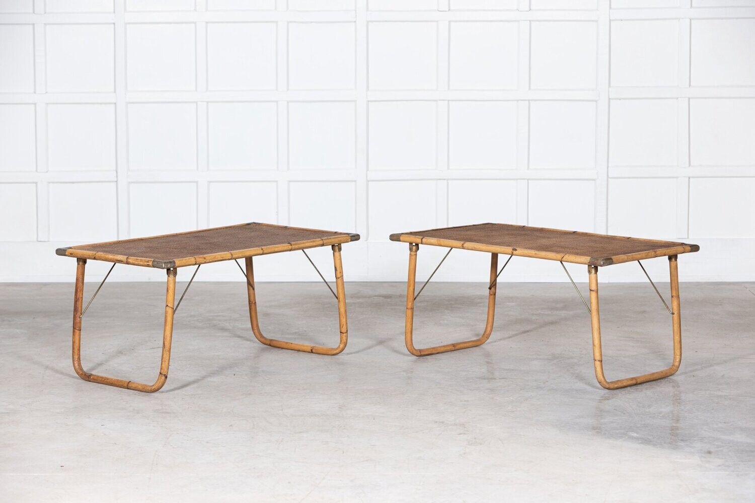 Pair Folding Caned Bamboo and Rattan Low Tables