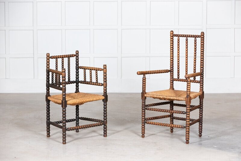 Near Pair 19thC Oak Arts & Crafts  Bobbin Armchairs