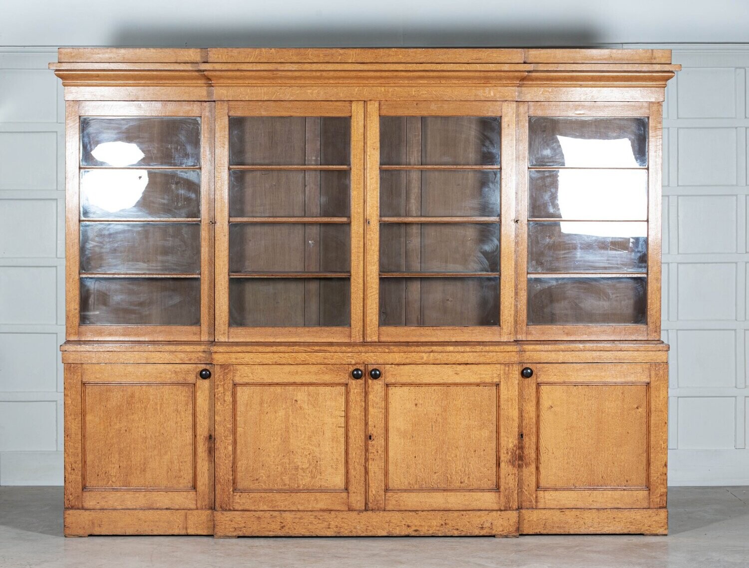 Monumental 19thC English Glazed Oak Breakfront Bookcase