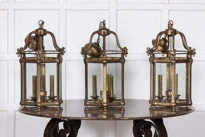 Large Set of Three English Solid Brass Lanterns