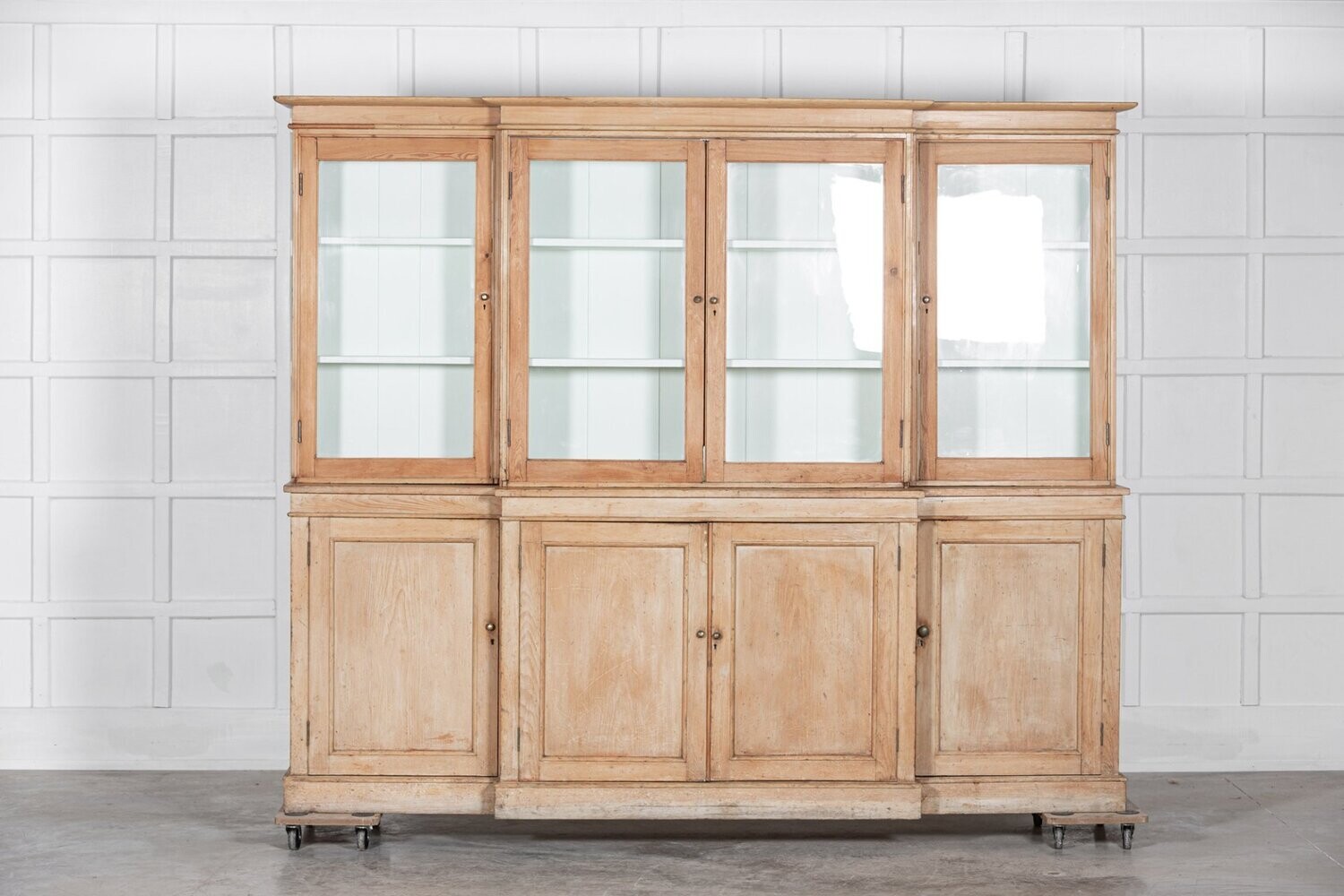 Large 19thC Estate Made English Glazed Pine Breakfront Bookcase