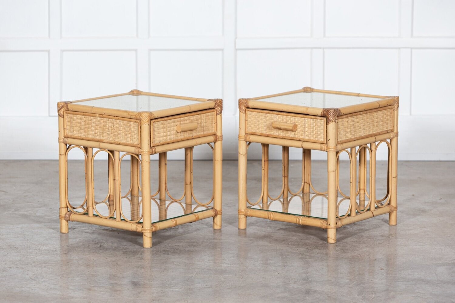 Pair Bamboo & Rattan Glazed Bedside Tables