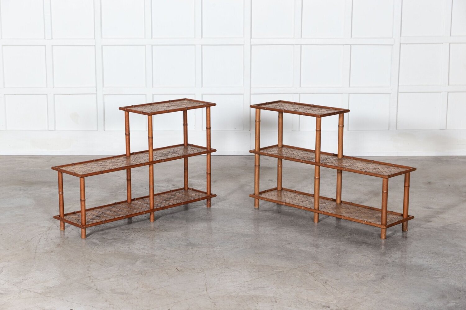 Pair French Mid Century Faux Bamboo Beech & Rattan Etageres