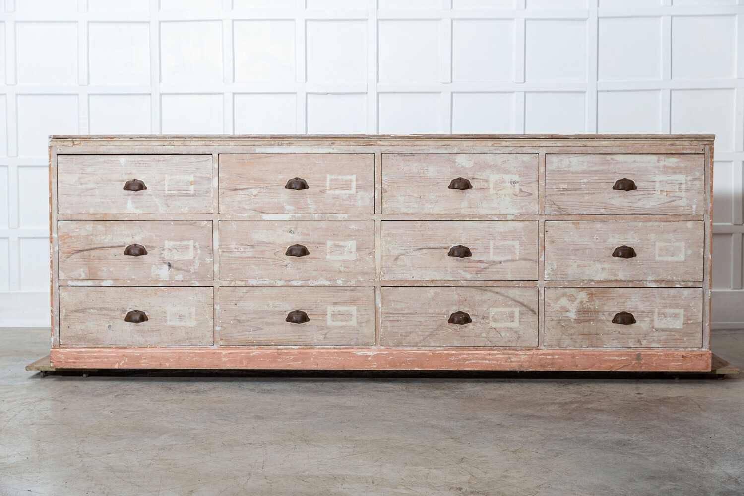 19thC Monumental Dry Scraped French Bank of Pine Drawers
