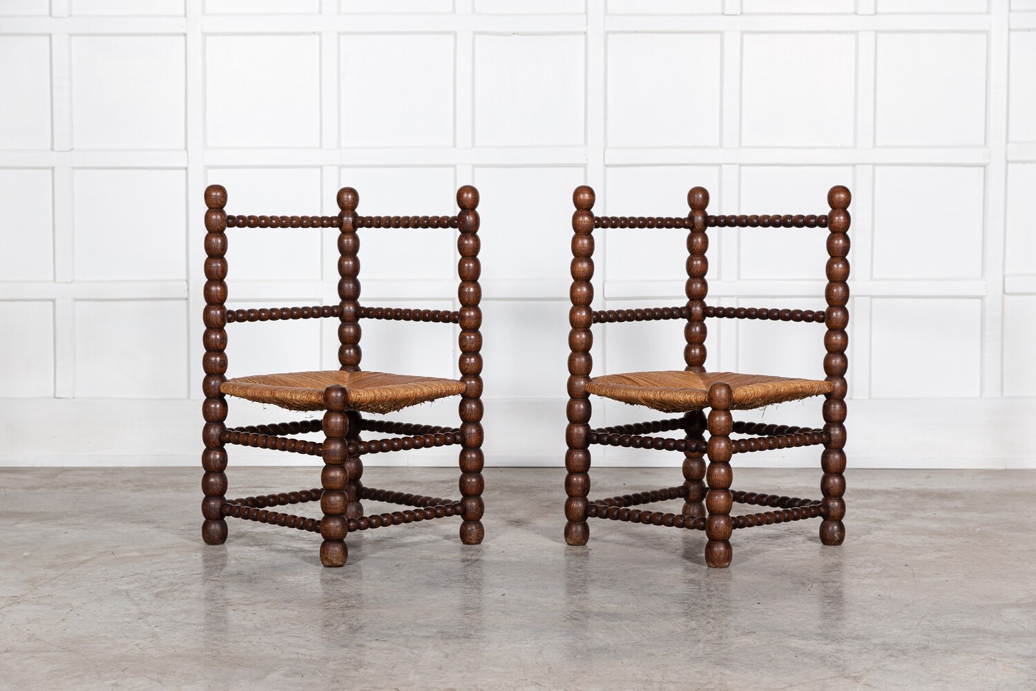 Pair Oversized 19thC French Oak Bobbin Chairs