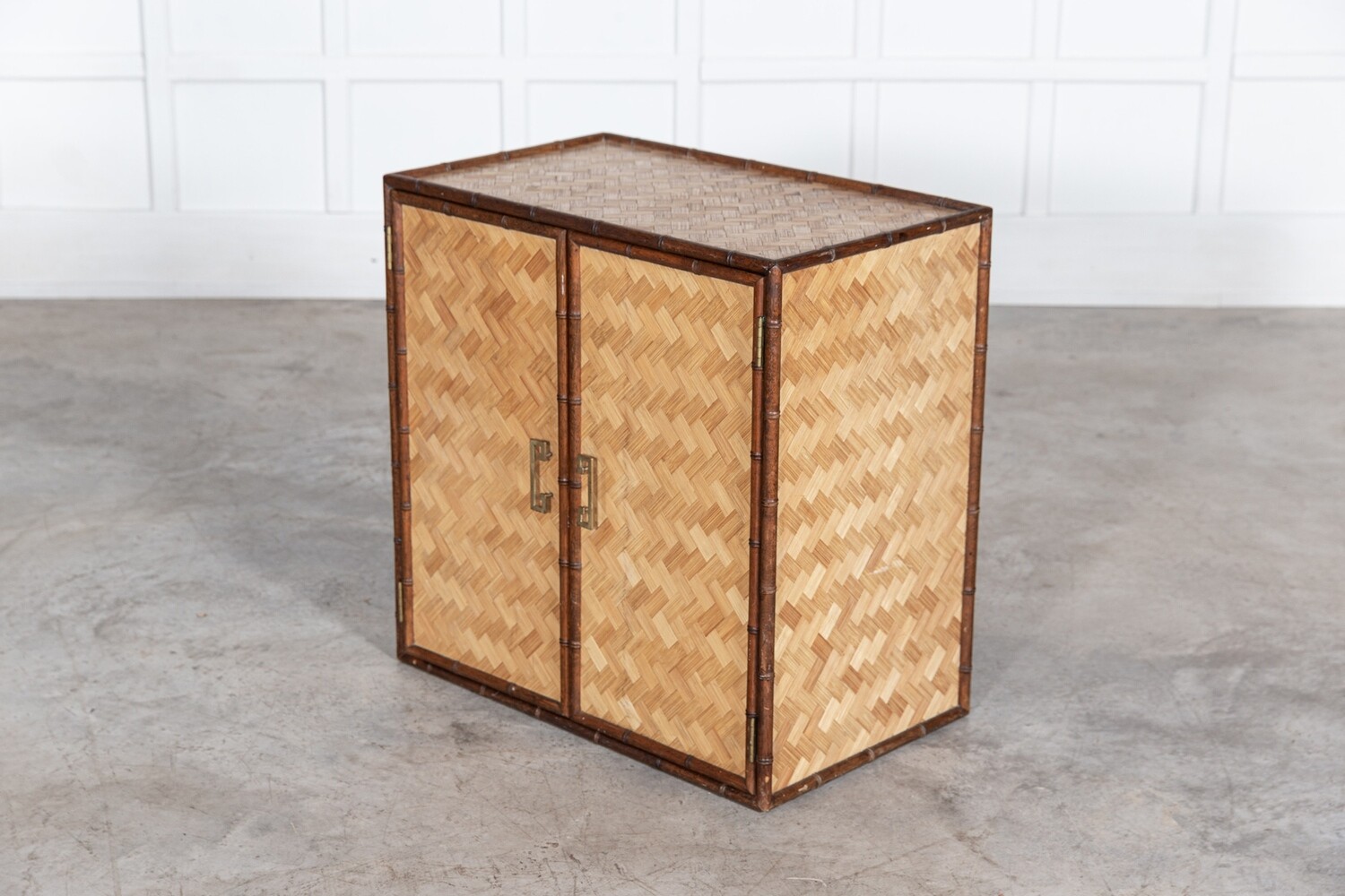 Mid Century French Oak Faux Bamboo & Rattan Herringbone Cabinet
