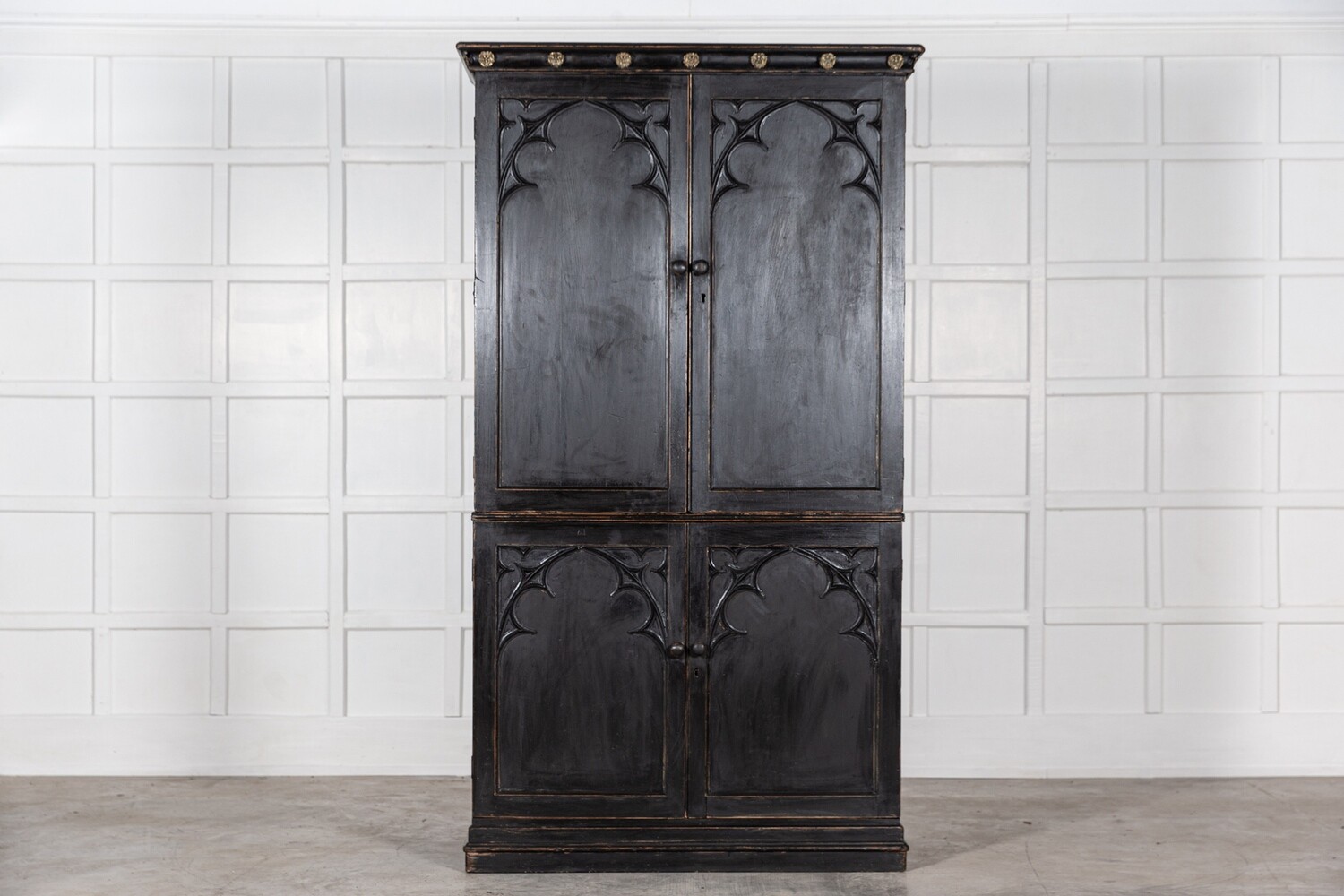Large 19thC English Ebonised Gothic Pine Linen Press