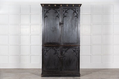 Large 19thC English Ebonised Gothic Pine Linen Press Large 19thC English Ebonised Gothic Pine Linen Press
