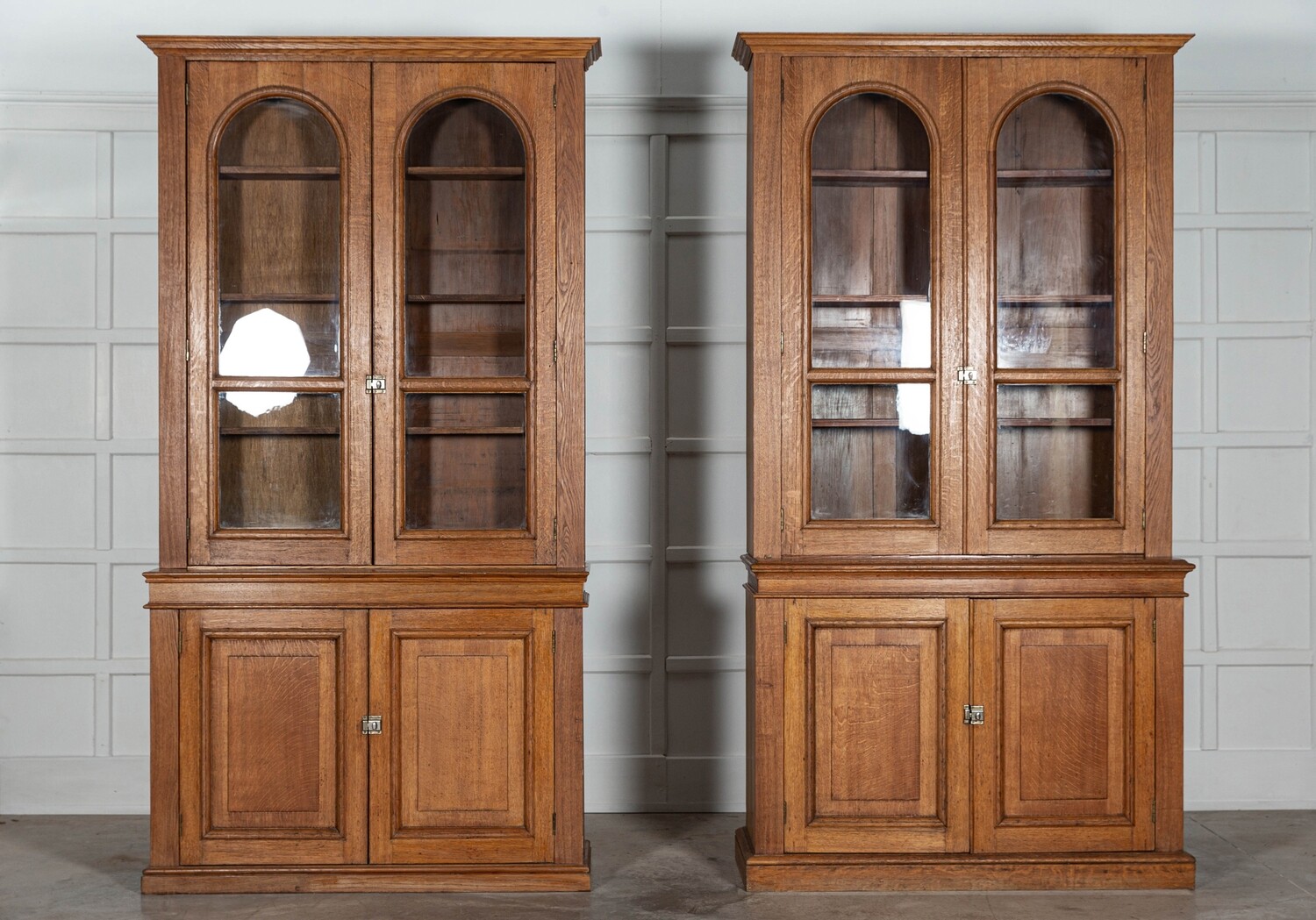 Near Pair Arched Oak Glazed Apothecary Cabinets