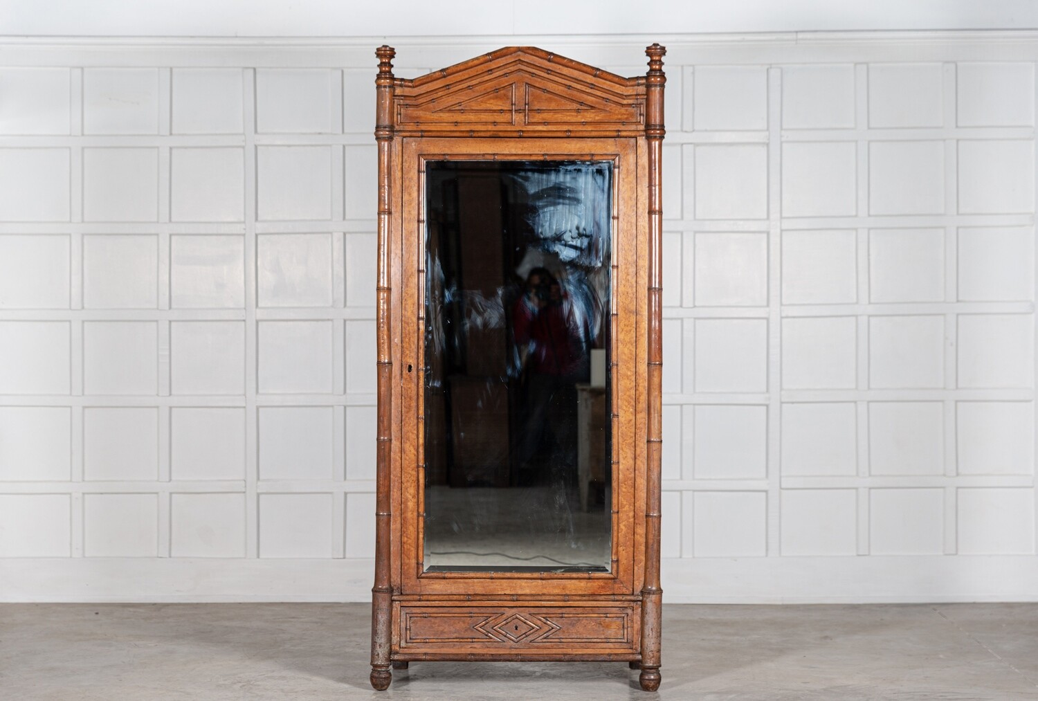 19thC French Faux Bamboo Walnut Mirrored Armoire
