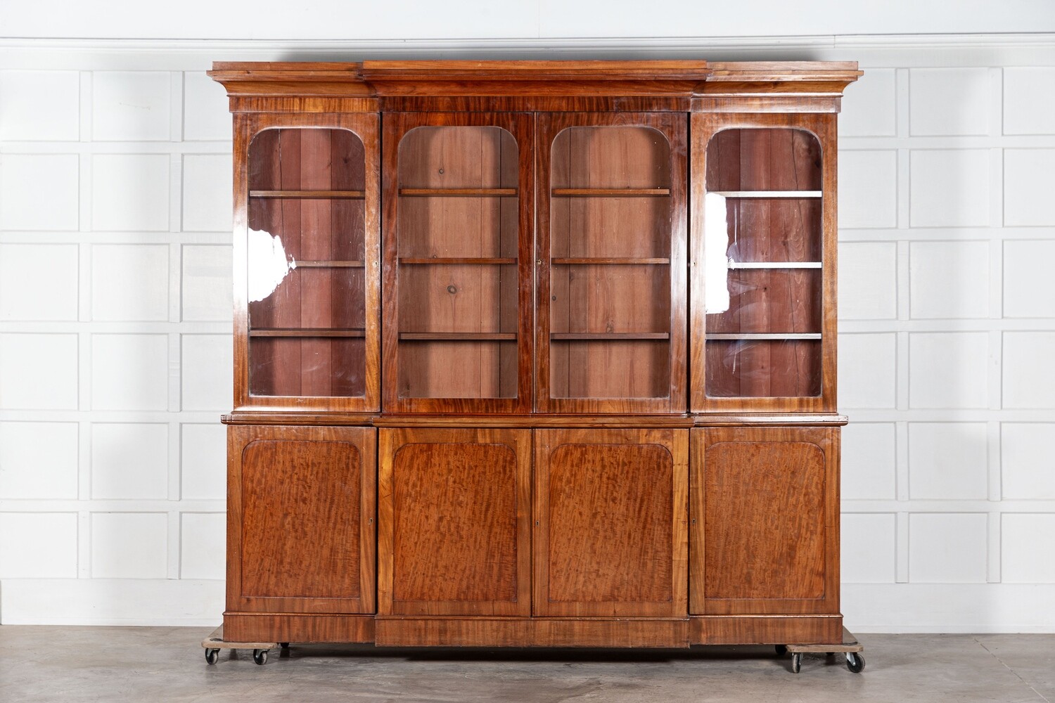 Large 19thC English Breakfront Glazed Mahogany Collectors Cabinet / Bookcase