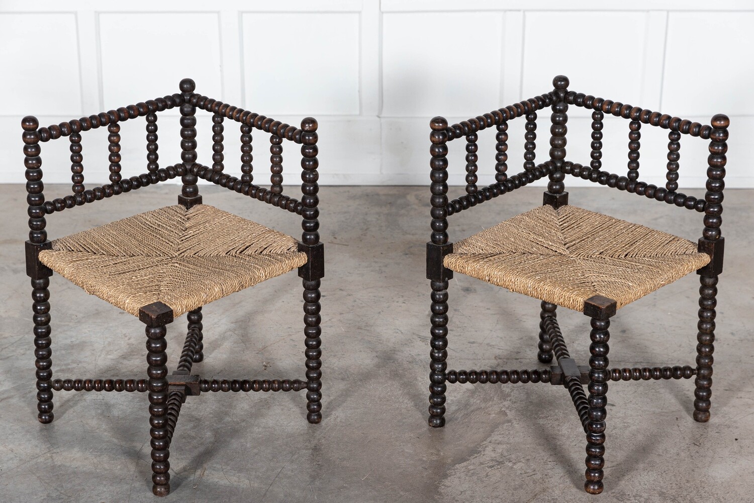 Pair 19thC Beech Bobbin Rush Chairs