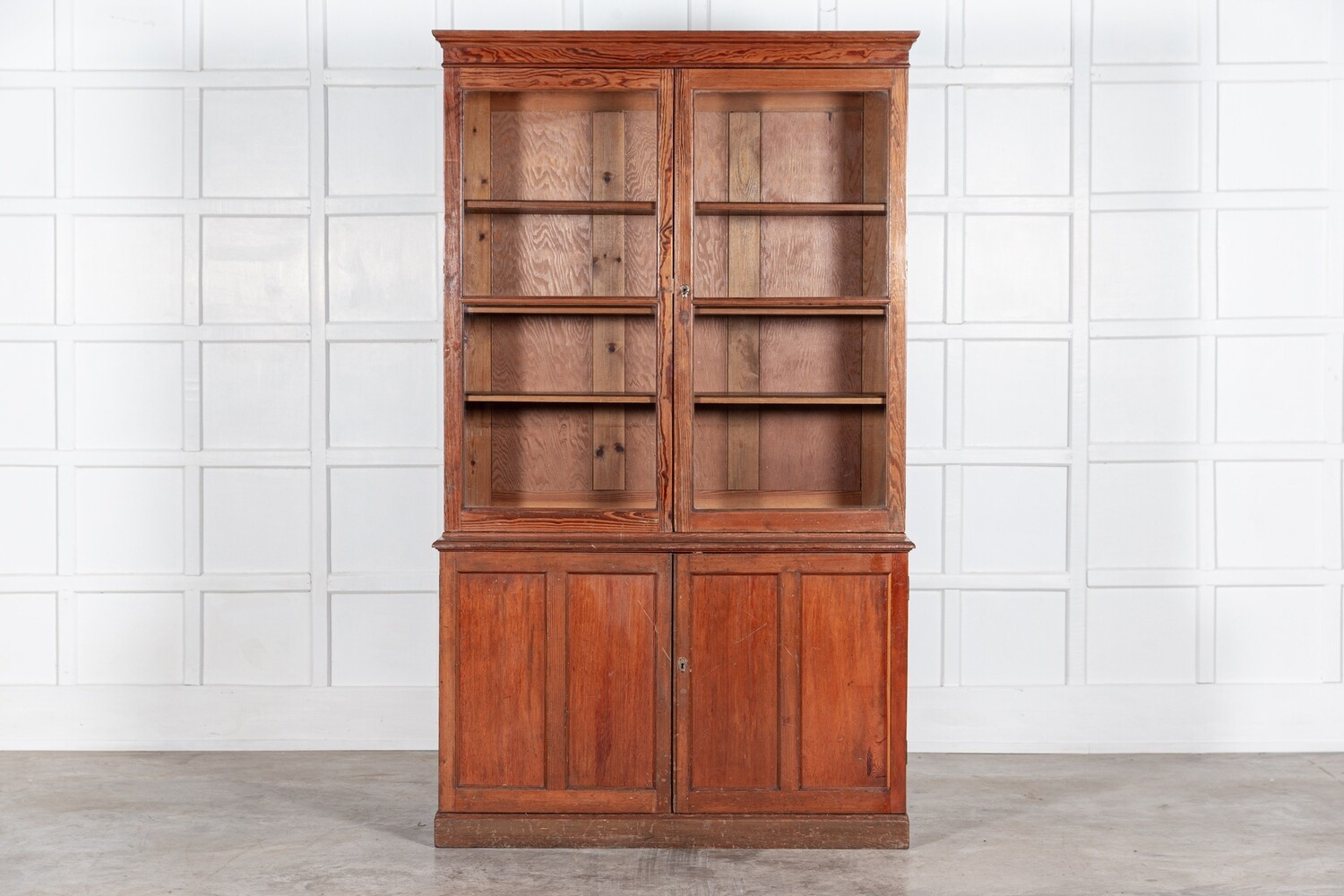 19thC English Glazed Pine Bookcase / Vitrine Cabinet